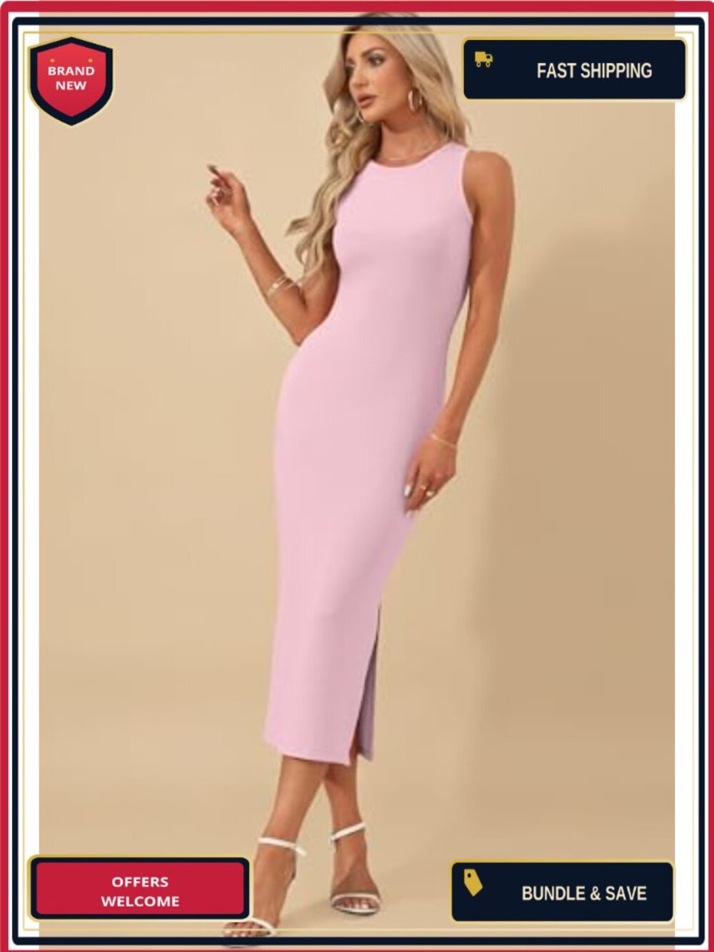 Sleeveless Bodycon Midi Dress Women Ribbed Knit Stretchy Side Slit - Picture 2 of 6